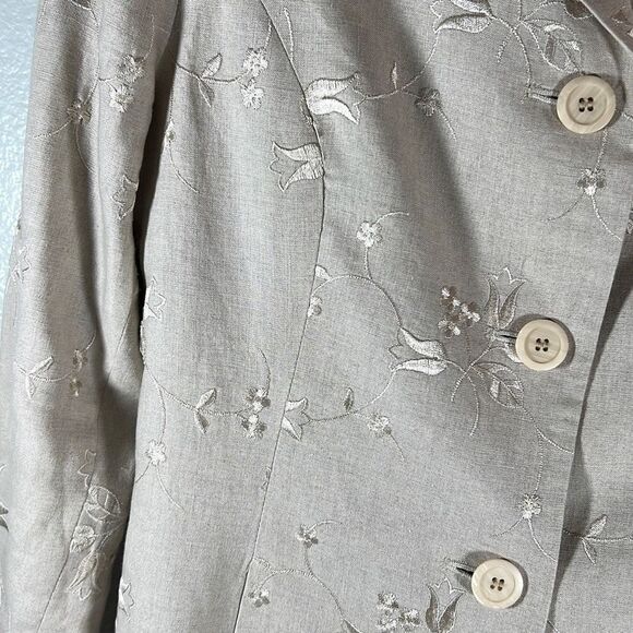 Amanda Smith Women's Pure Linen Embroidered Flowered Longline Jacket Beige Sz 6 - Picture 3 of 9